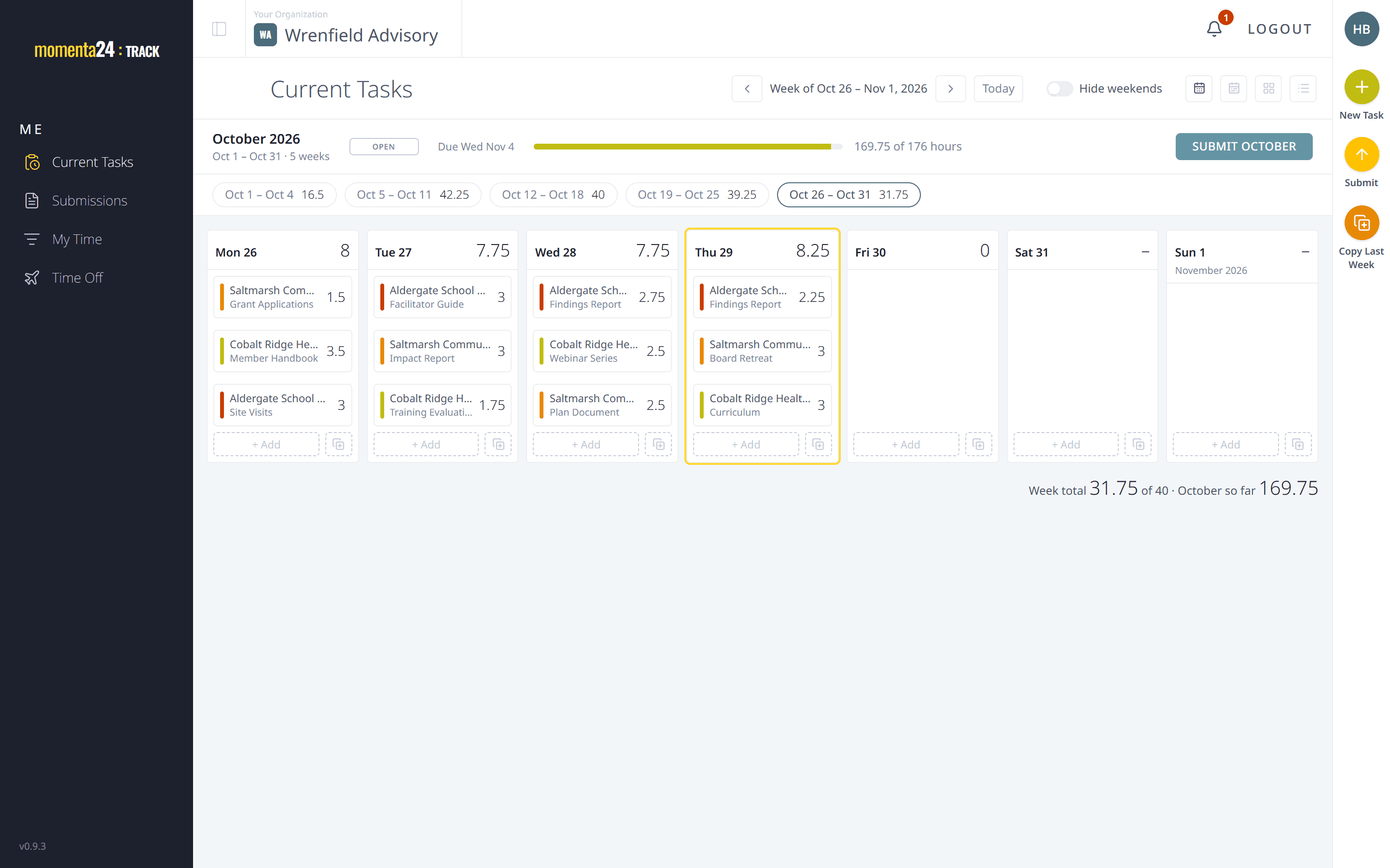 Hannah's week view in Momenta24, with her tasks for each day listed by client